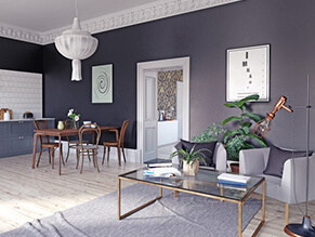 Modern_open_plan_interior_dark_grey_walls_white_ceiling_grey_couch_plant_glass_table 
